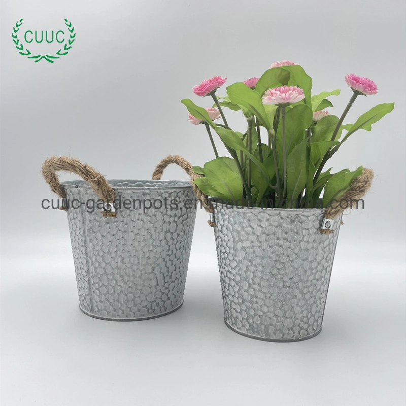 Galvanized Vintage Garden Storage Metal Planter Flower Bucket with Rope Handles